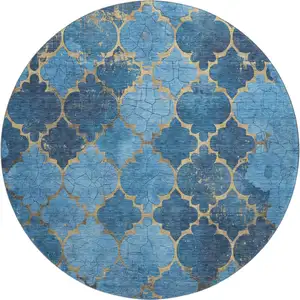 Photo of 8' Blue And Gold Damask Washable Round Rug With UV Protection