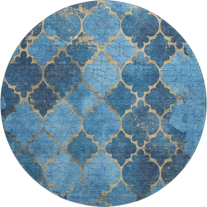 8' Blue And Gold Damask Washable Round Rug With UV Protection Photo 1