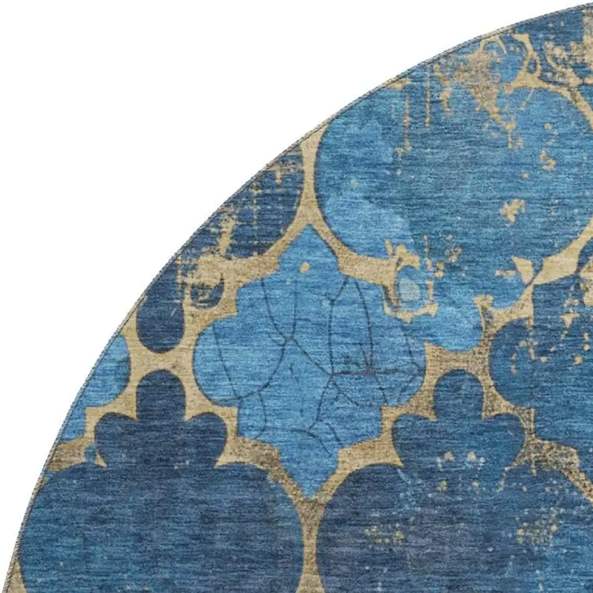 8' Blue And Gold Damask Washable Round Rug With UV Protection Photo 2