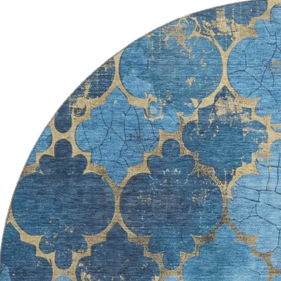 8' Blue And Gold Damask Washable Round Rug With UV Protection Photo 3