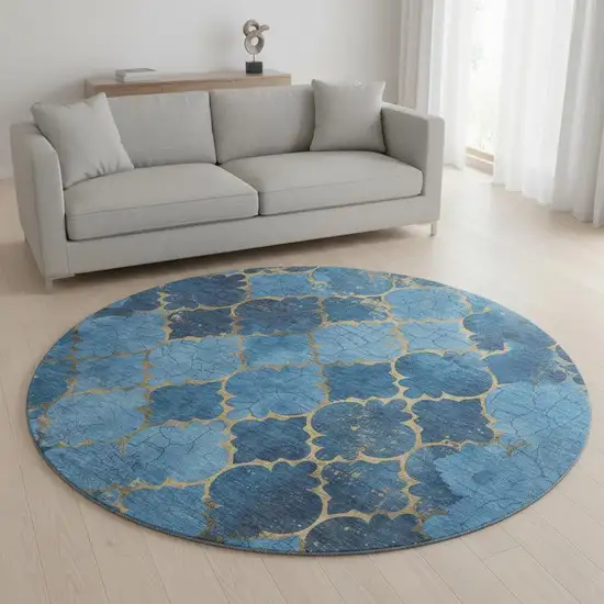 8' Blue And Gold Damask Washable Round Rug With UV Protection Photo 2