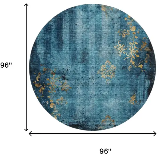 8' Blue And Gold Floral Washable Round Rug With UV Protection Photo 8