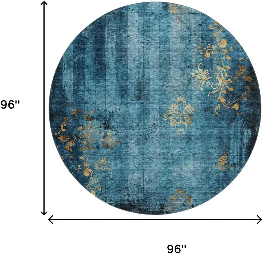 8' Blue And Gold Floral Washable Round Rug With UV Protection Photo 8