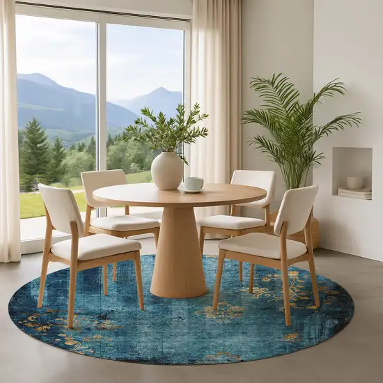 8' Blue And Gold Floral Washable Round Rug With UV Protection Photo 3