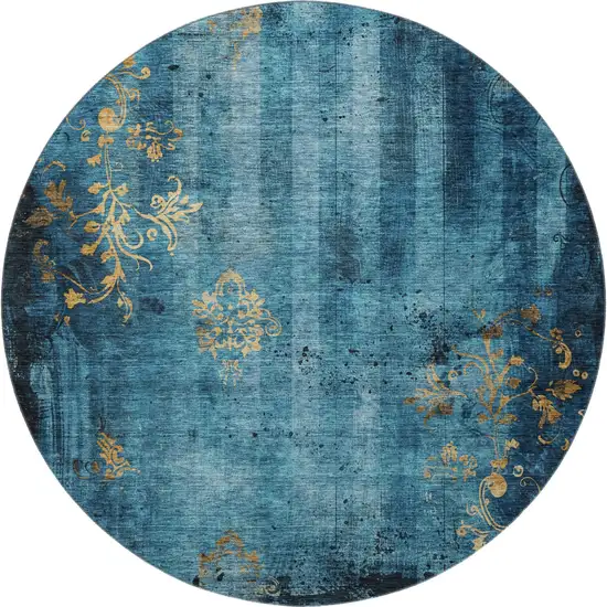 8' Blue And Gold Floral Washable Round Rug With UV Protection Photo 2