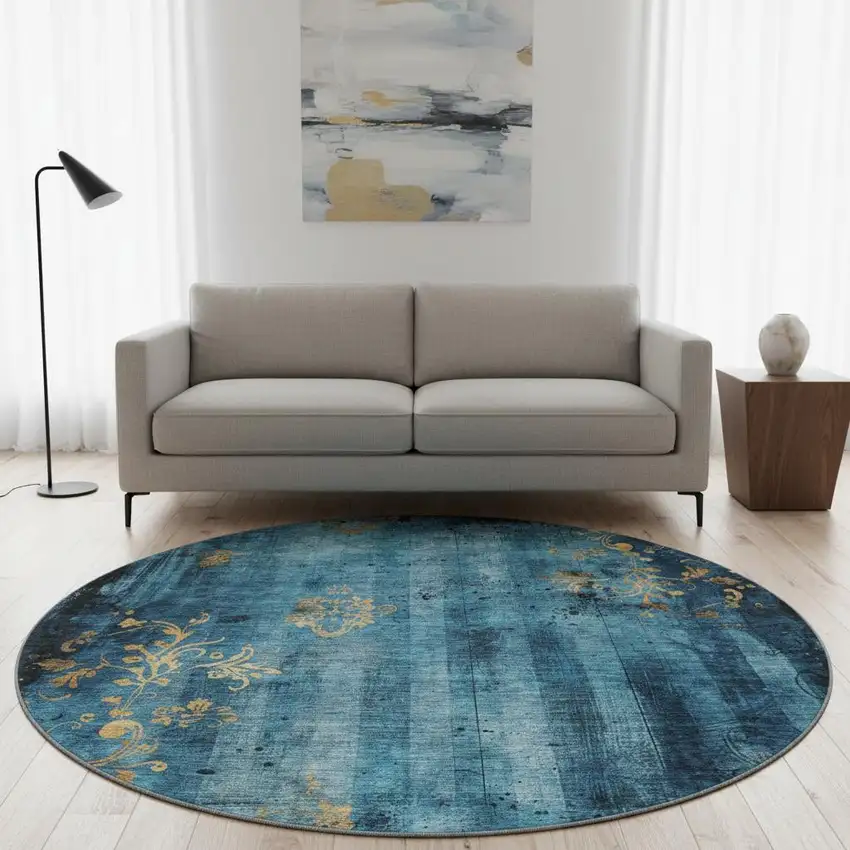 8' Blue And Gold Floral Washable Round Rug With UV Protection Photo 2