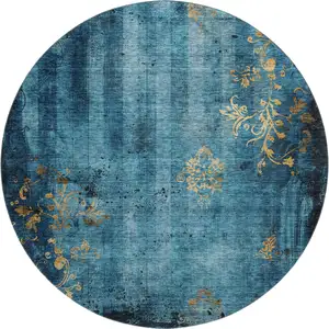 Photo of 8' Blue And Gold Floral Washable Round Rug With UV Protection
