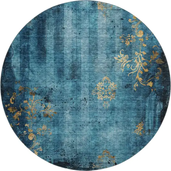 8' Blue And Gold Floral Washable Round Rug With UV Protection Photo 1