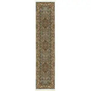 Photo of 10' Blue And Gold Medallion Runner Rug With Fringe
