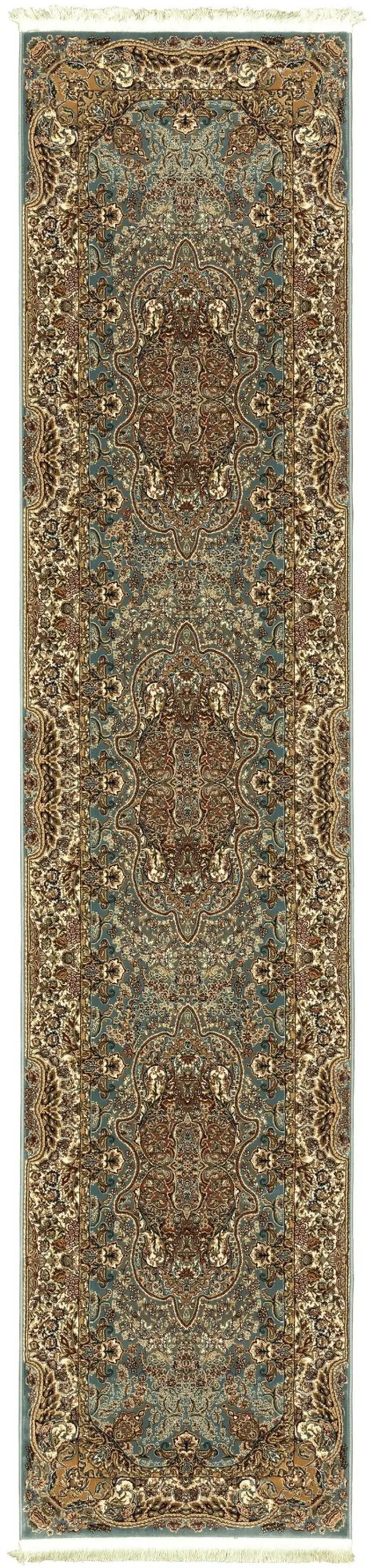10' Blue And Gold Medallion Runner Rug With Fringe Photo 2