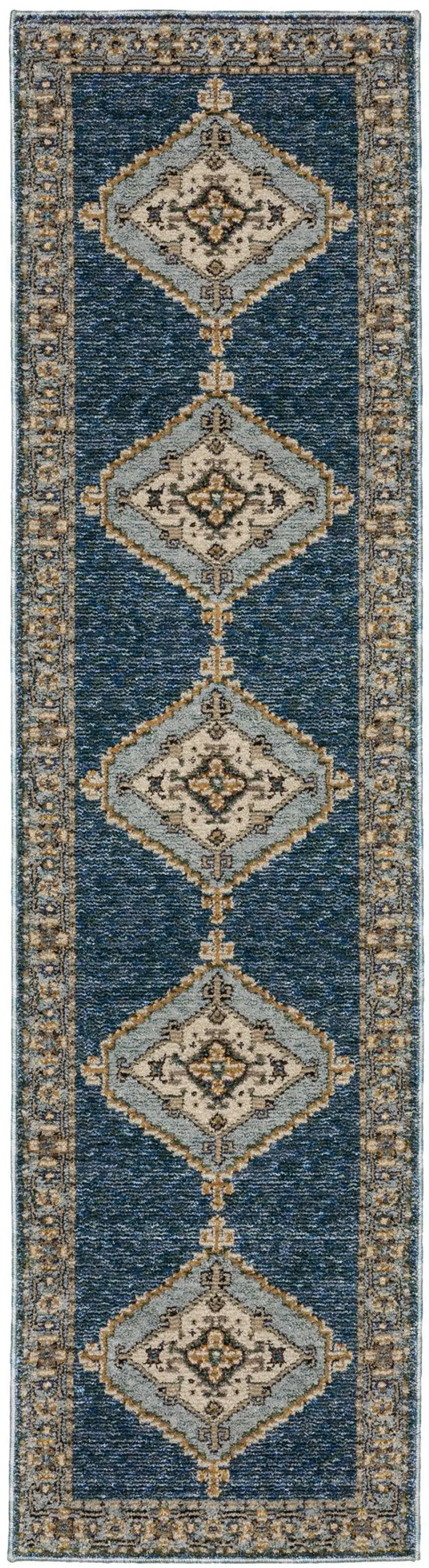 8' Blue And Gold Medallion Runner Rug Photo 2