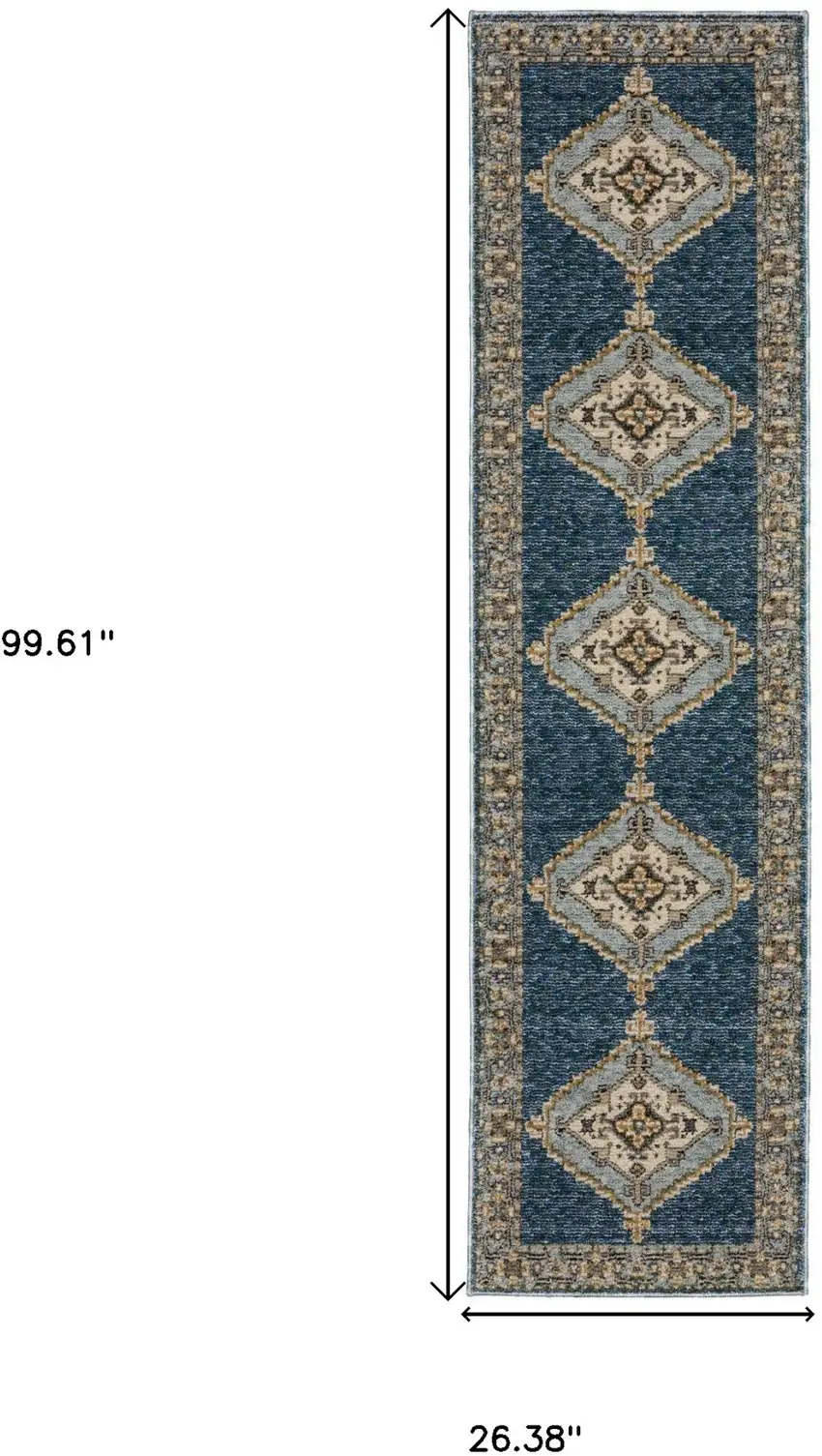 8' Blue And Gold Medallion Runner Rug Photo 3