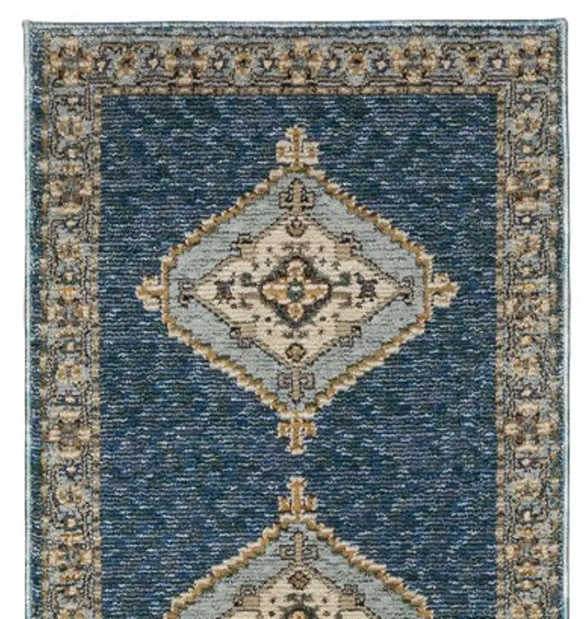 12' Blue And Gold Medallion Runner Rug Photo 4
