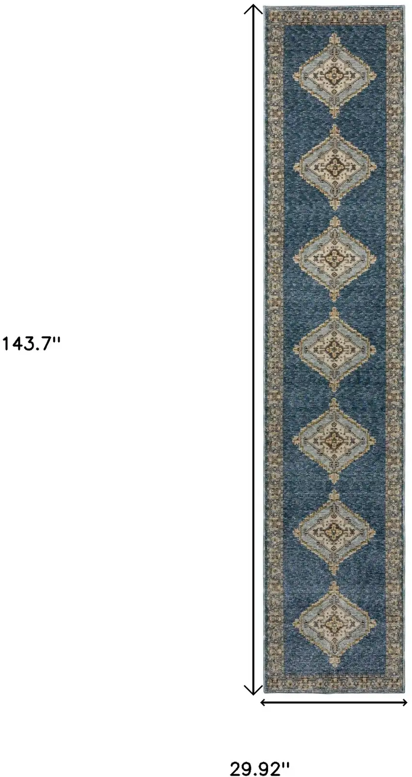 12' Blue And Gold Medallion Runner Rug Photo 3