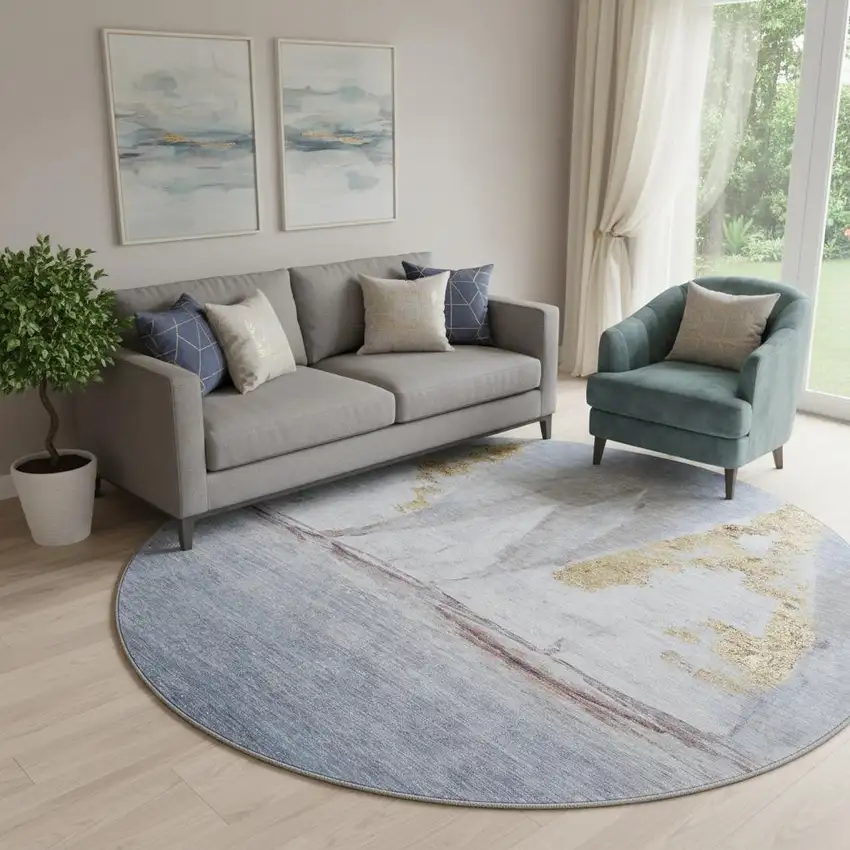 8' Blue And Gold Nautical Washable Round Rug With UV Protection Photo 2