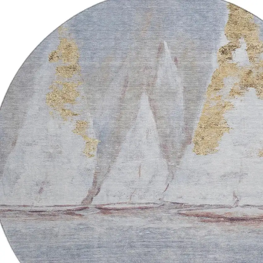 8' Blue And Gold Nautical Washable Round Rug With UV Protection Photo 3