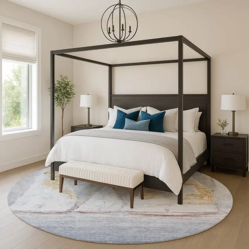 8' Blue And Gold Nautical Washable Round Rug With UV Protection Photo 5