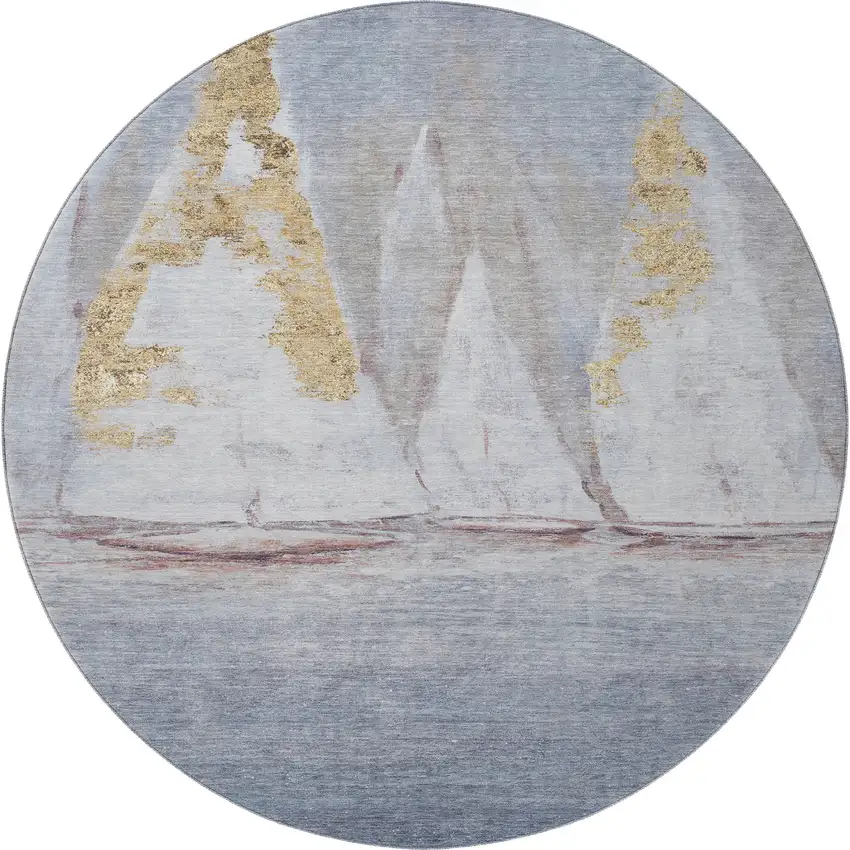 8' Blue And Gold Nautical Washable Round Rug With UV Protection Photo 4