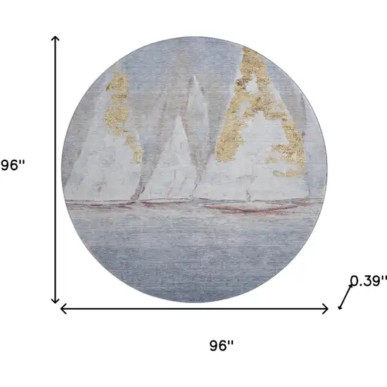 8' Blue And Gold Nautical Washable Round Rug With UV Protection Photo 8