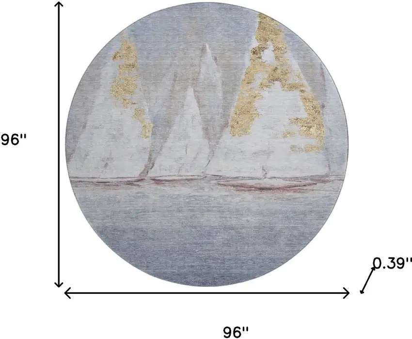 8' Blue And Gold Nautical Washable Round Rug With UV Protection Photo 8