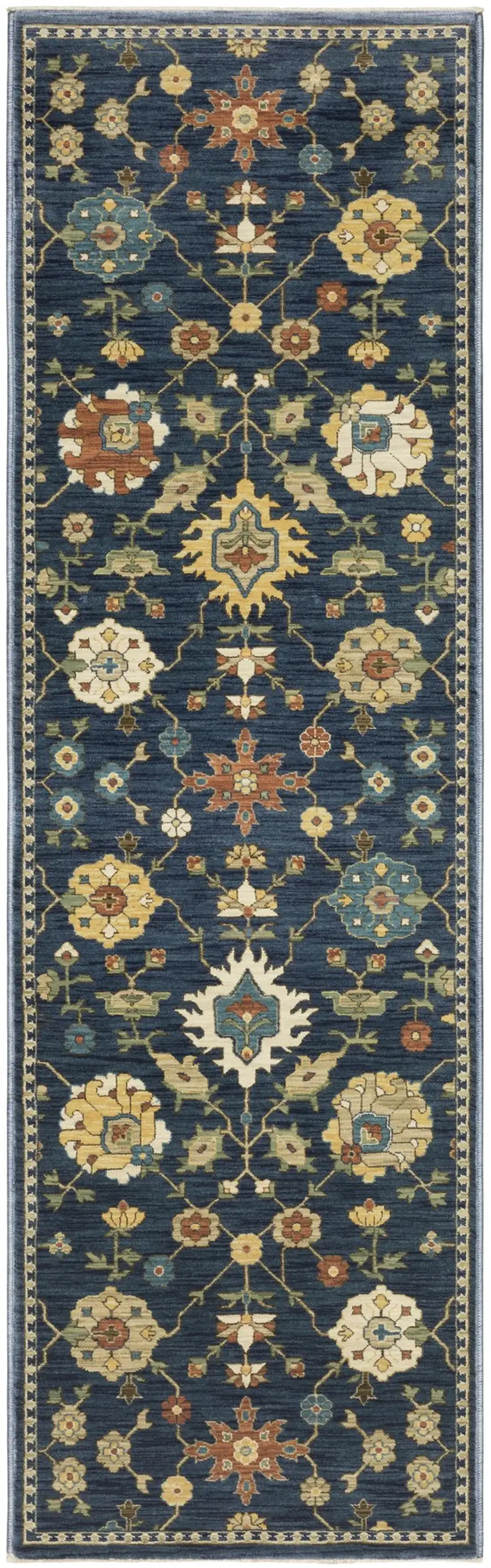 8' Blue And Gold Oriental Runner Rug With Fringe Photo 2