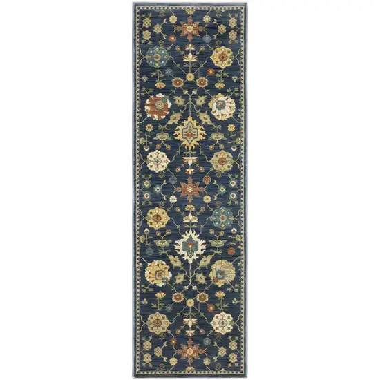 8' Blue And Gold Oriental Runner Rug With Fringe Photo 2