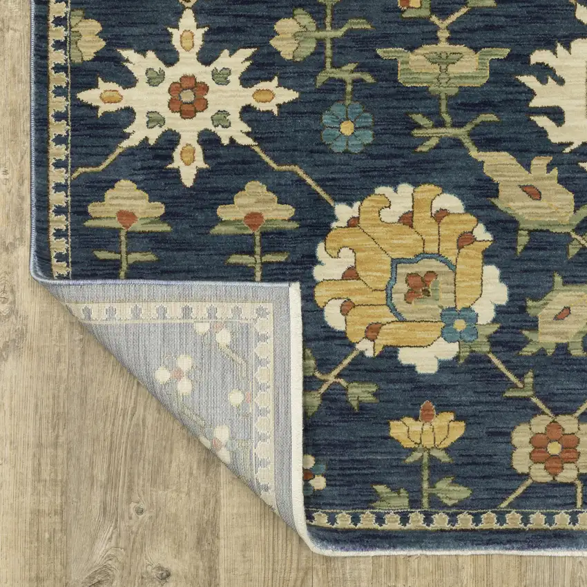 8' Blue And Gold Oriental Runner Rug With Fringe Photo 9
