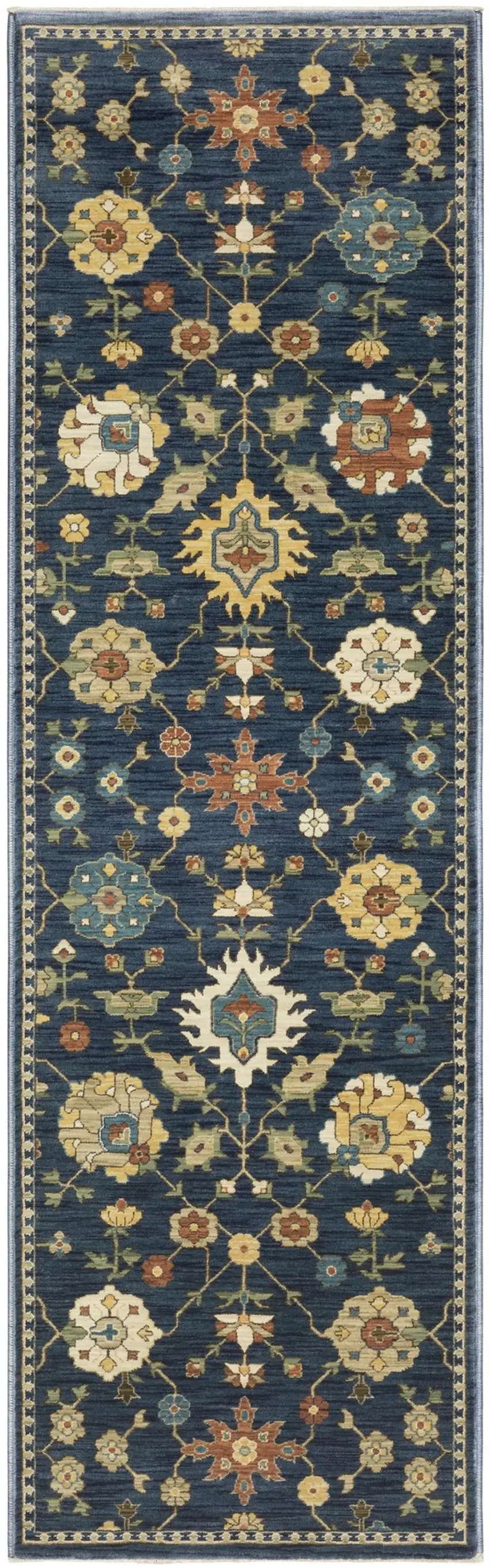8' Blue And Gold Oriental Runner Rug With Fringe Photo 5