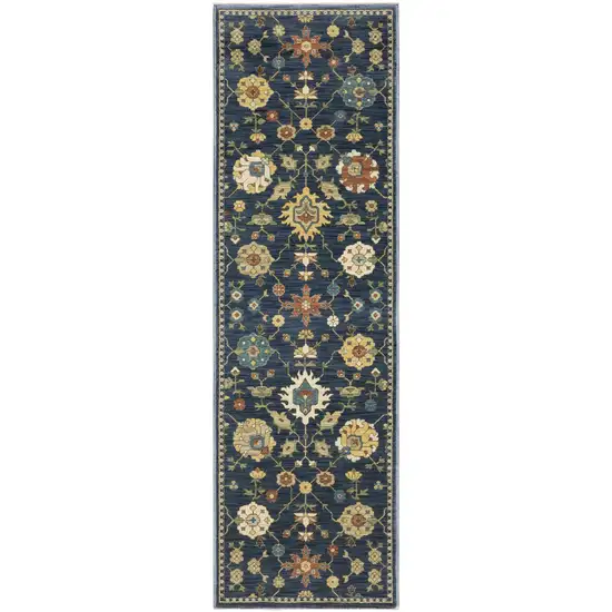 8' Blue And Gold Oriental Runner Rug With Fringe Photo 5