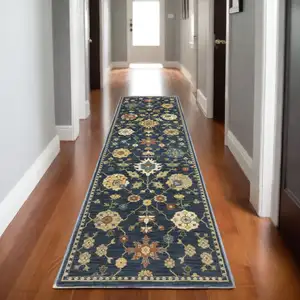 Photo of 8' Blue And Gold Oriental Runner Rug With Fringe