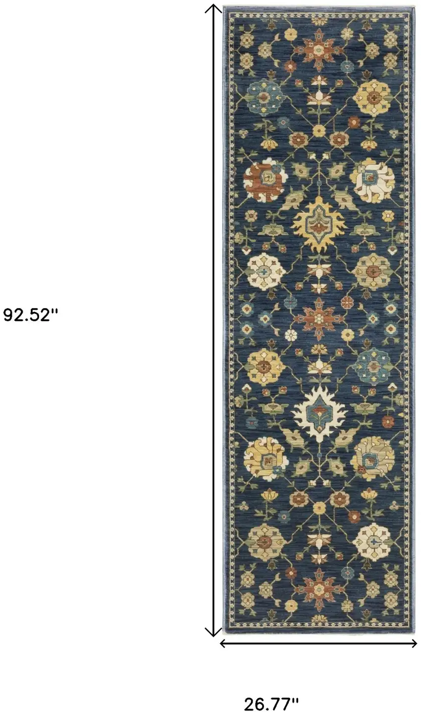 8' Blue And Gold Oriental Runner Rug With Fringe Photo 3