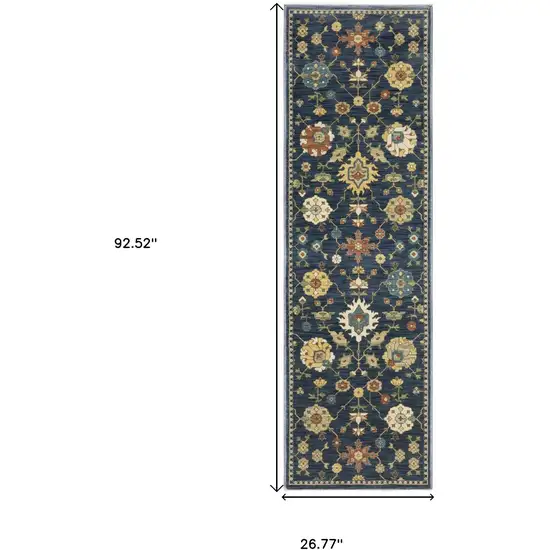 8' Blue And Gold Oriental Runner Rug With Fringe Photo 3