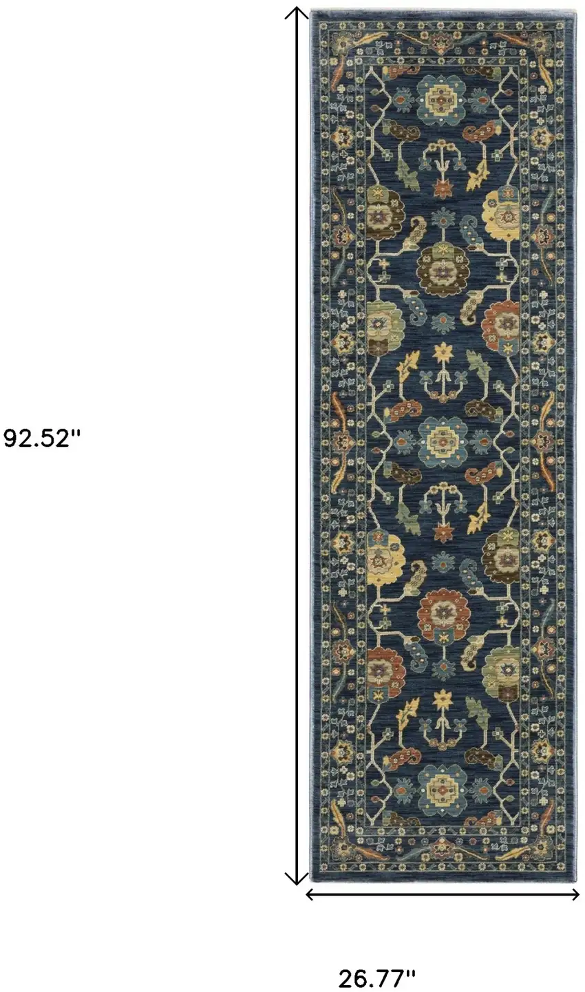 8' Blue And Gold Oriental Runner Rug With Fringe Photo 3