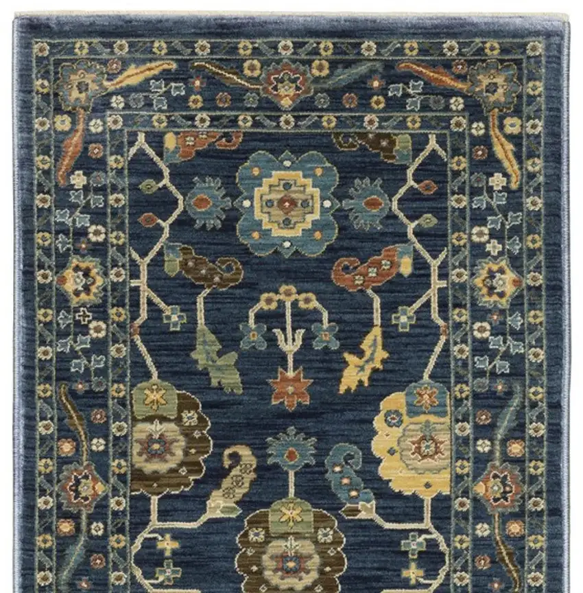 8' Blue And Gold Oriental Runner Rug With Fringe Photo 4