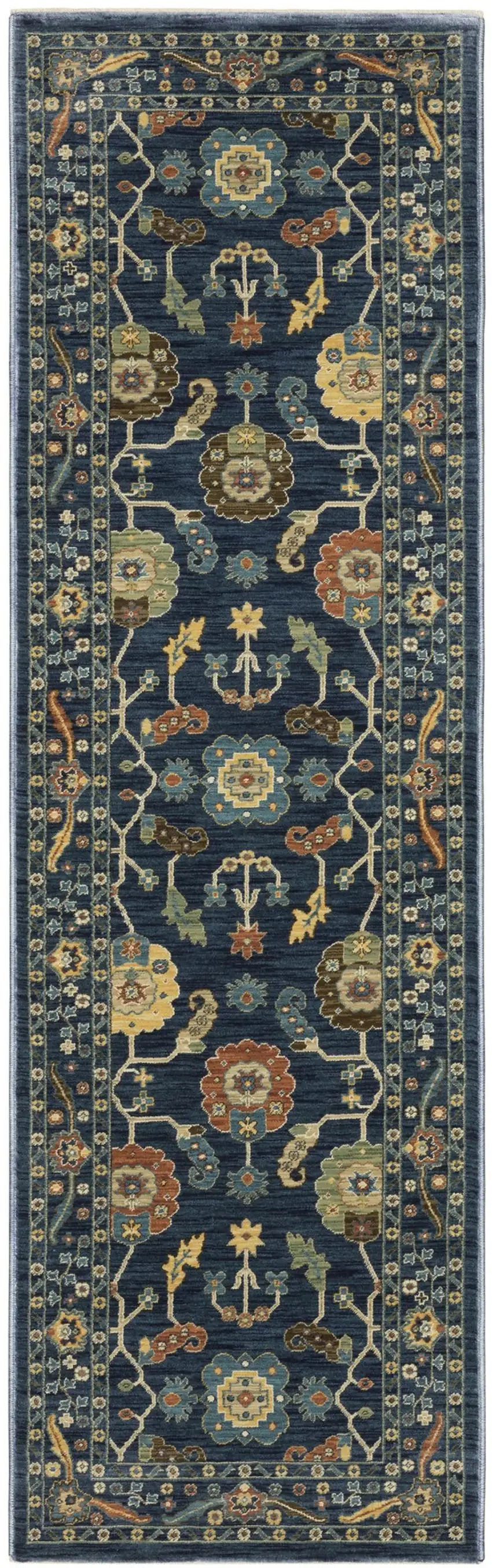 8' Blue And Gold Oriental Runner Rug With Fringe Photo 2