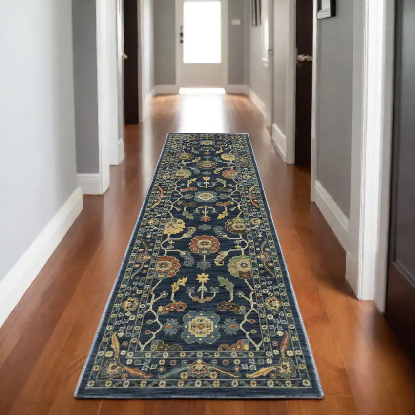 8' Blue And Gold Oriental Runner Rug With Fringe Photo 1