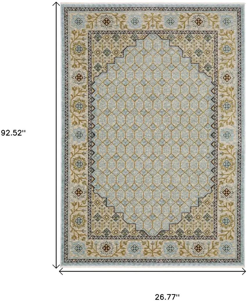 8' Blue And Gold Oriental Runner Rug With Fringe Photo 3