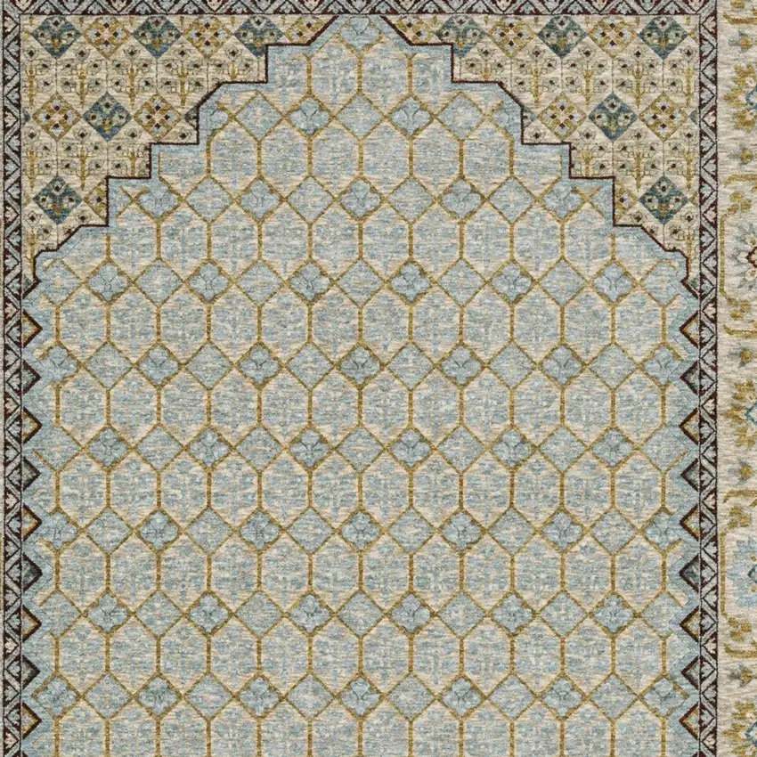 8' Blue And Gold Oriental Runner Rug With Fringe Photo 8