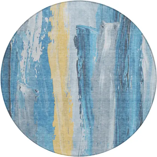 8' Blue And Gold Round Abstract Washable Indoor Outdoor Area Rug Photo 1