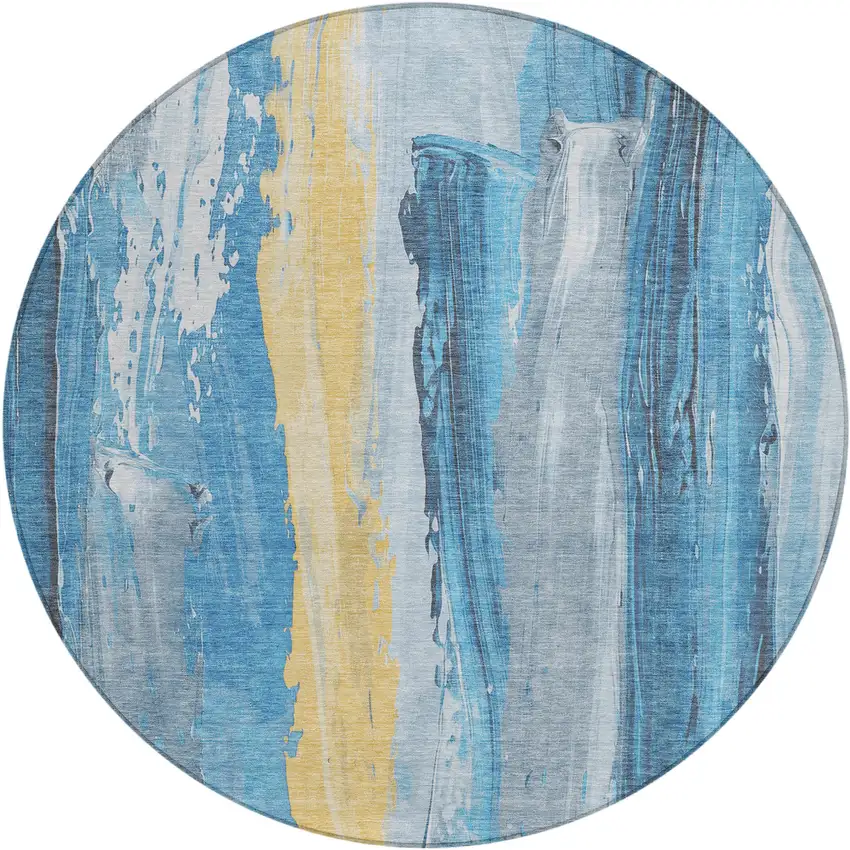 8' Blue And Gold Round Abstract Washable Indoor Outdoor Area Rug Photo 1