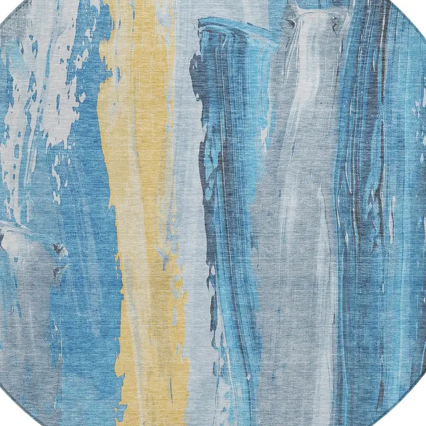8' Blue And Gold Round Abstract Washable Indoor Outdoor Area Rug Photo 9