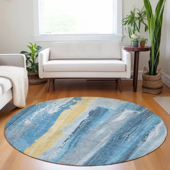 8' Blue And Gold Round Abstract Washable Indoor Outdoor Area Rug Photo 6