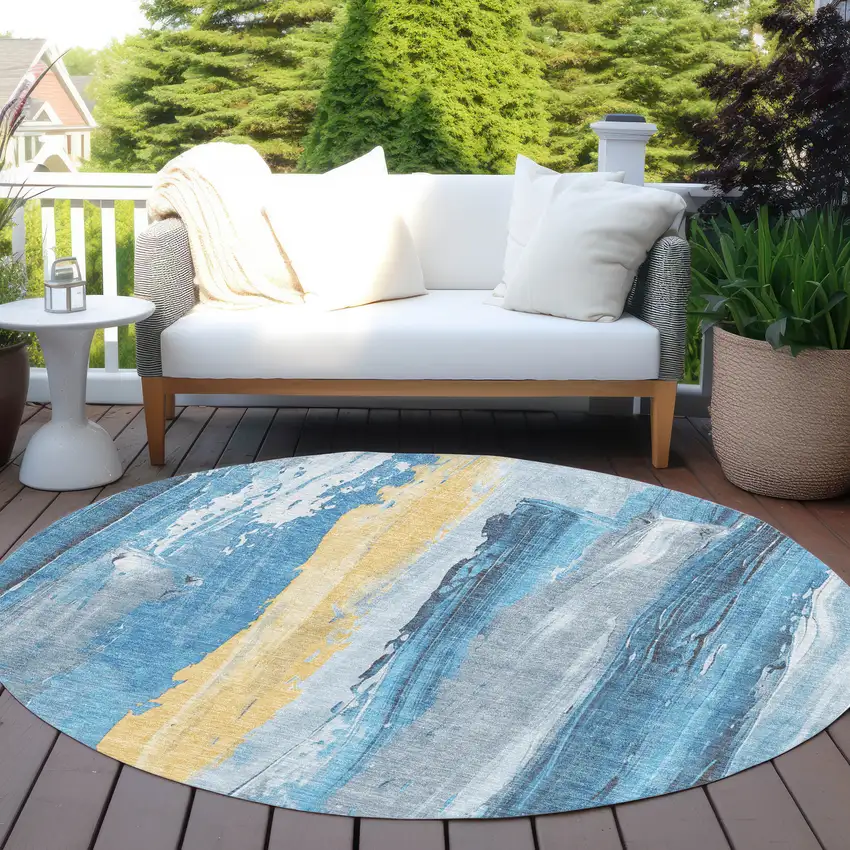 8' Blue And Gold Round Abstract Washable Indoor Outdoor Area Rug Photo 5