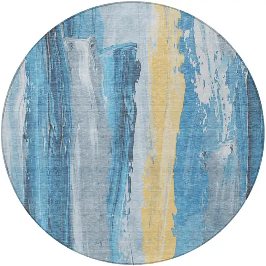 8' Blue And Gold Round Abstract Washable Indoor Outdoor Area Rug Photo 3