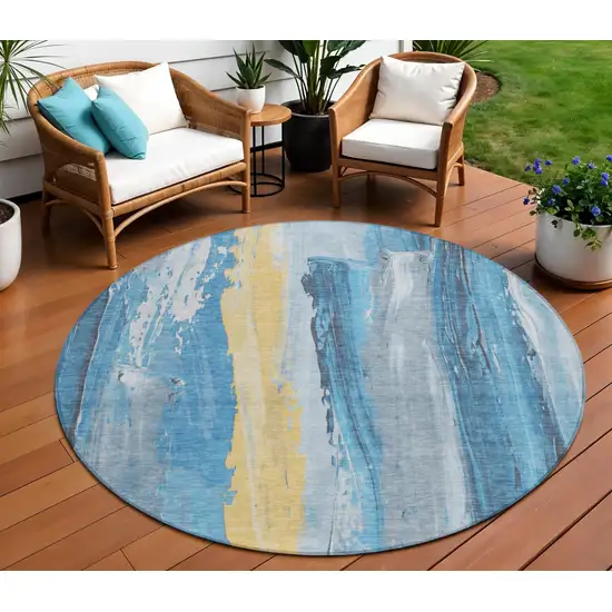 8' Blue And Gold Round Abstract Washable Indoor Outdoor Area Rug Photo 2