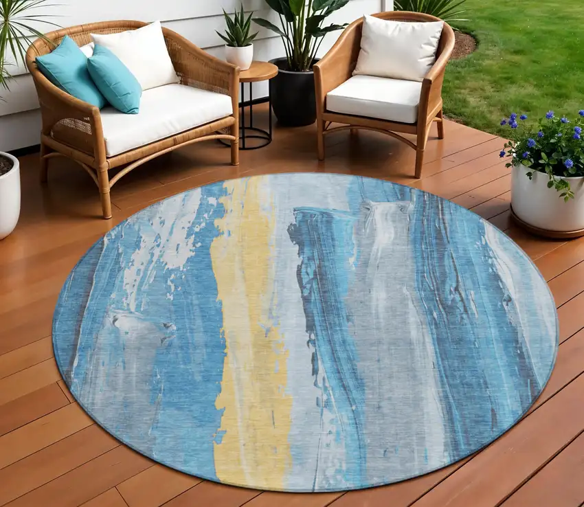 8' Blue And Gold Round Abstract Washable Indoor Outdoor Area Rug Photo 2