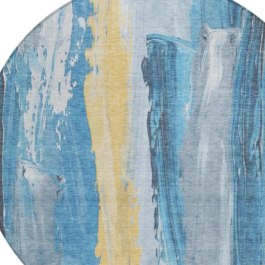 8' Blue And Gold Round Abstract Washable Indoor Outdoor Area Rug Photo 4