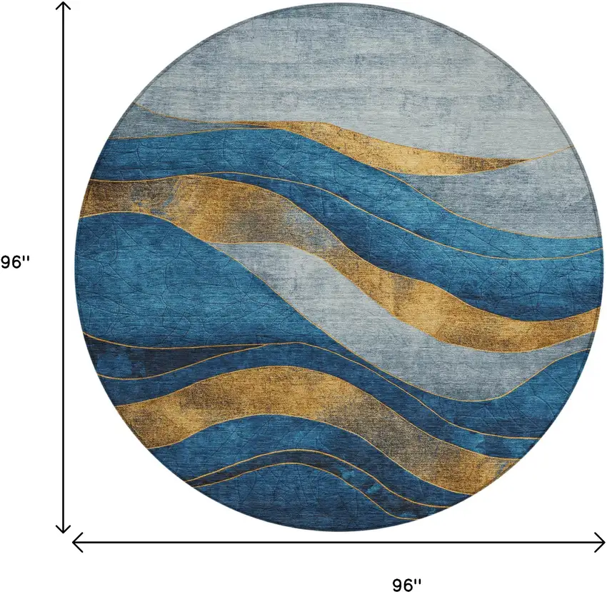 8' Blue And Gold Round Abstract Washable Indoor Outdoor Area Rug Photo 8