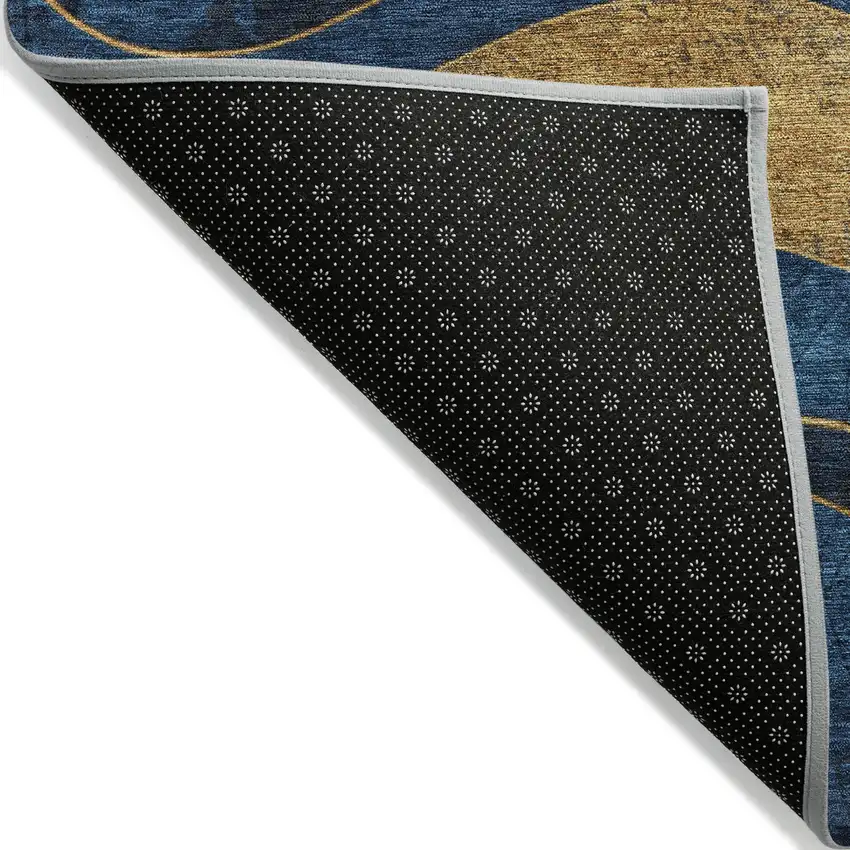 8' Blue And Gold Round Abstract Washable Indoor Outdoor Area Rug Photo 9