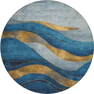 Photo of 8' Blue And Gold Round Abstract Washable Indoor Outdoor Area Rug